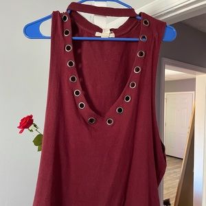 V Front Maroon Tank Top with Neck Detail